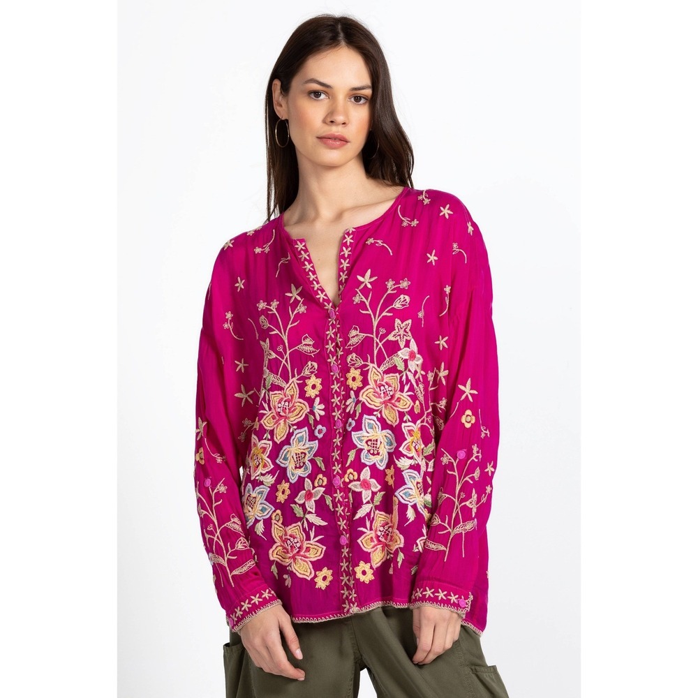 Johnny Was Jennai Embroidered Fuscia Button Down Blouse Size Oversized Small